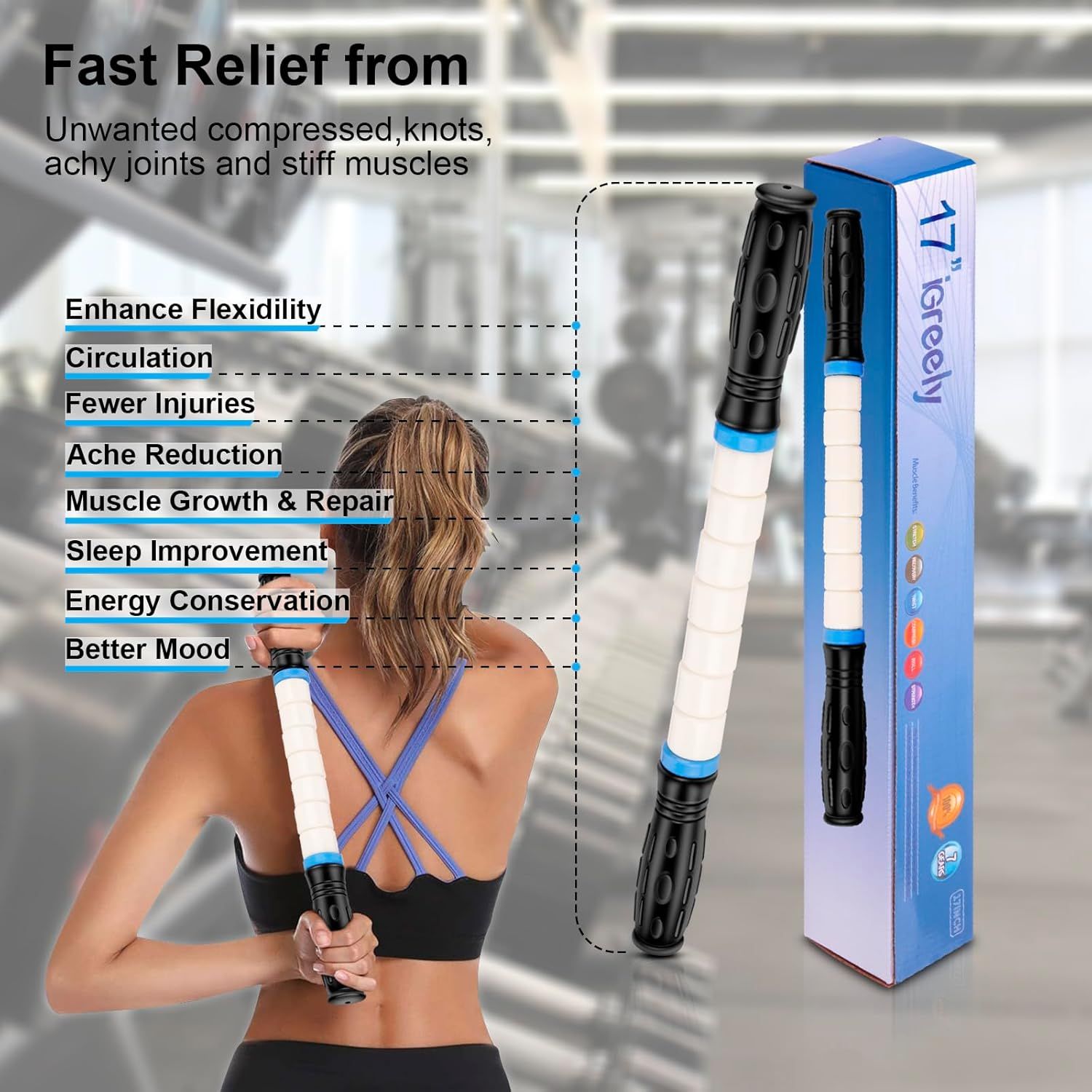 Communicates multiple distinct health and wellness benefits of using this massage/recovery tool, showing shoppers the comprehensive value it provides for muscle relief and overall well-being.