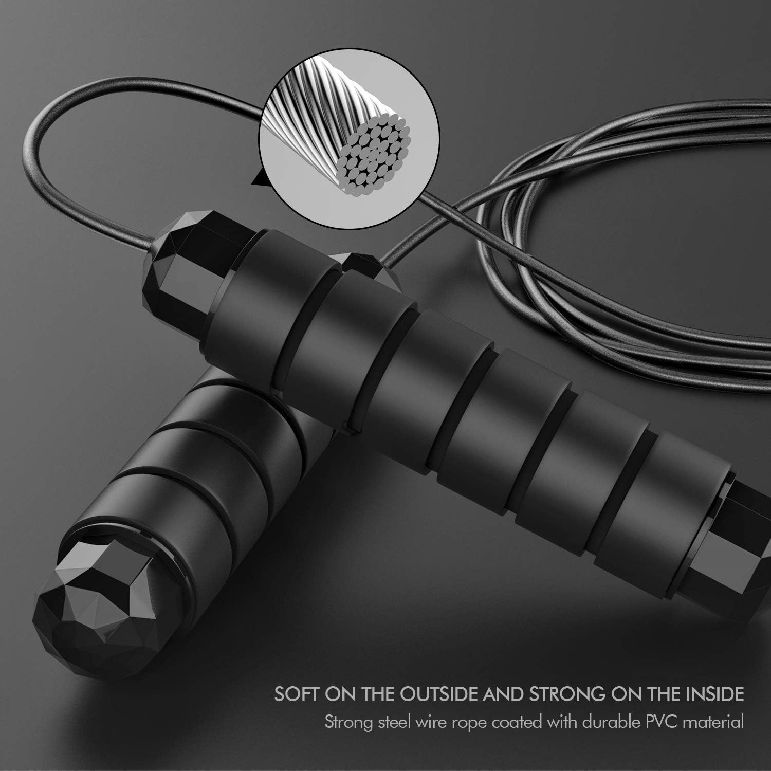 Highlights the internal construction of the jump rope cable, showing the strong steel wire core and durable PVC coating to reassure shoppers of its durability…