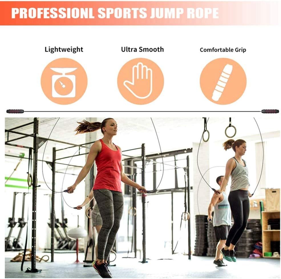 Communicates three distinct product benefits in a segmented layout with icons to reassure shoppers that this jump rope is designed for professional-level performance and comfort.