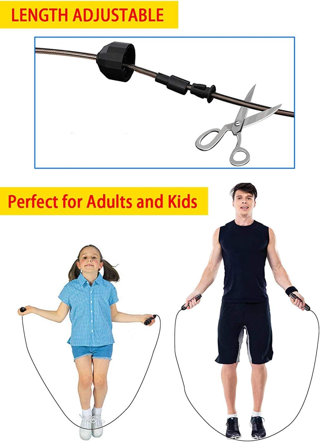Communicates that the jump rope is adjustable in length, making it suitable for both adults and children, emphasizing versatility and family-friendly use.