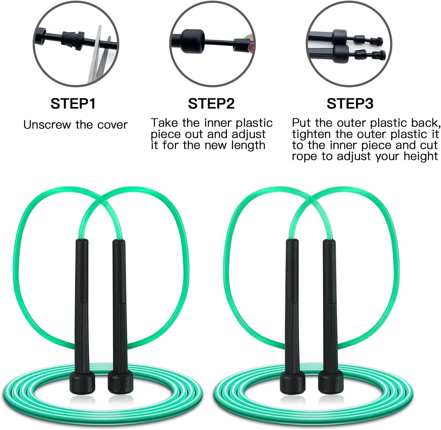Provides step-by-step instructions on how to adjust the jump rope length by disassembling, adjusting, and reassembling the handle components to customize the rope for the user's height.