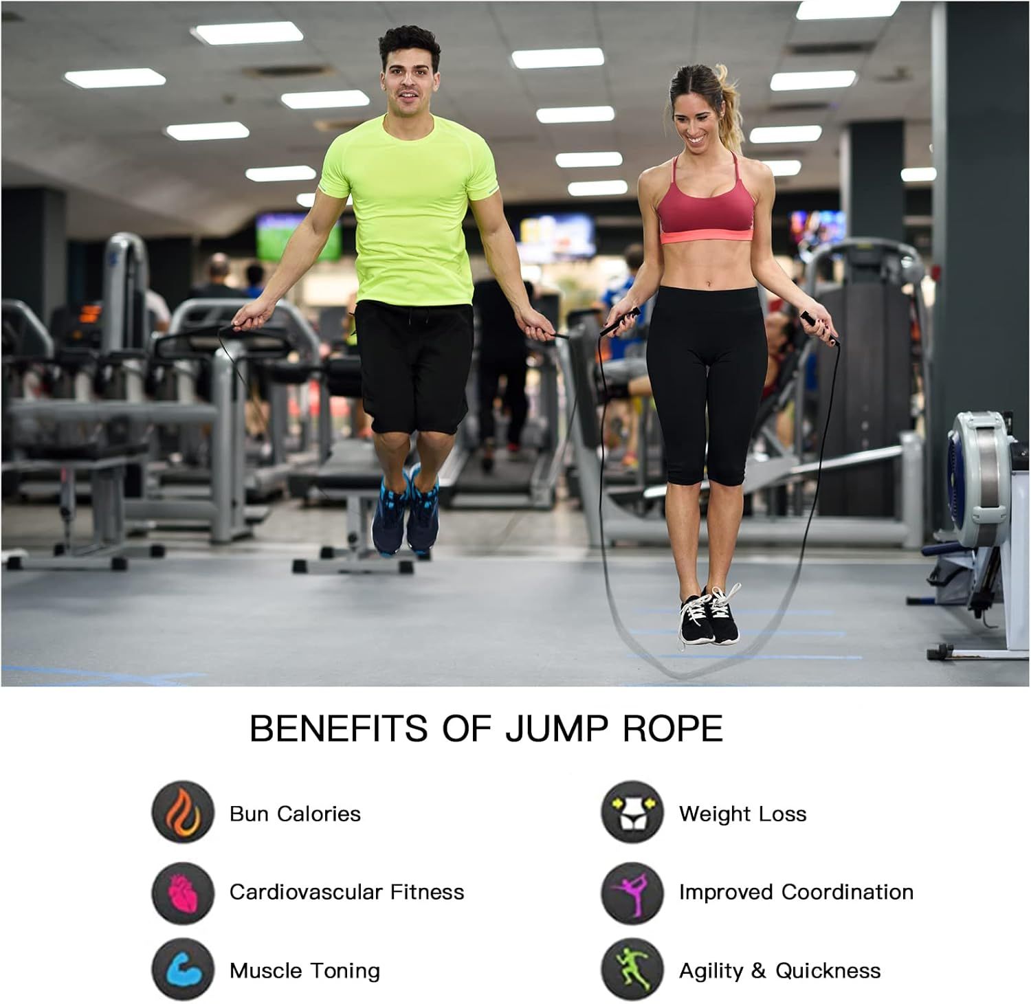 Communicates the multiple health and fitness benefits of using a jump rope, reassuring shoppers of its comprehensive workout value.