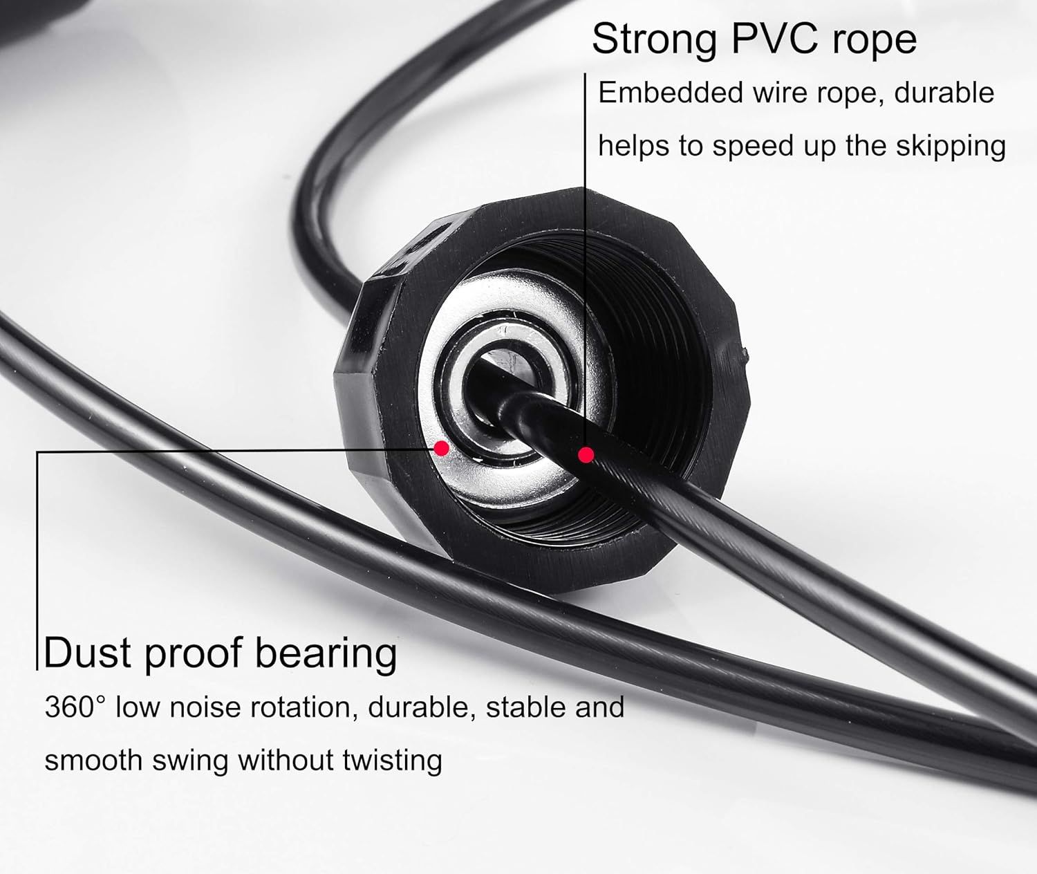 Breaks down the physical components of the jump rope to highlight the durable embedded wire rope and the dust-proof bearing that enables smooth, low-noise rotation.