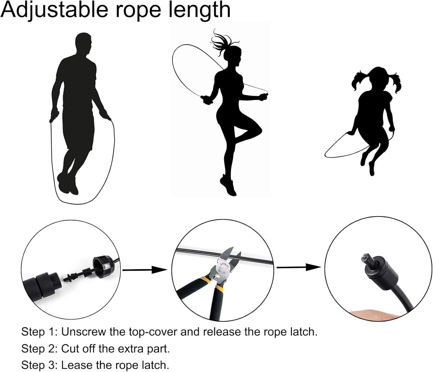 Demonstrates how to adjust the jump rope length to fit different users (adults and children) by following a simple 3-step process, reassuring shoppers that the product is customizable and easy to…