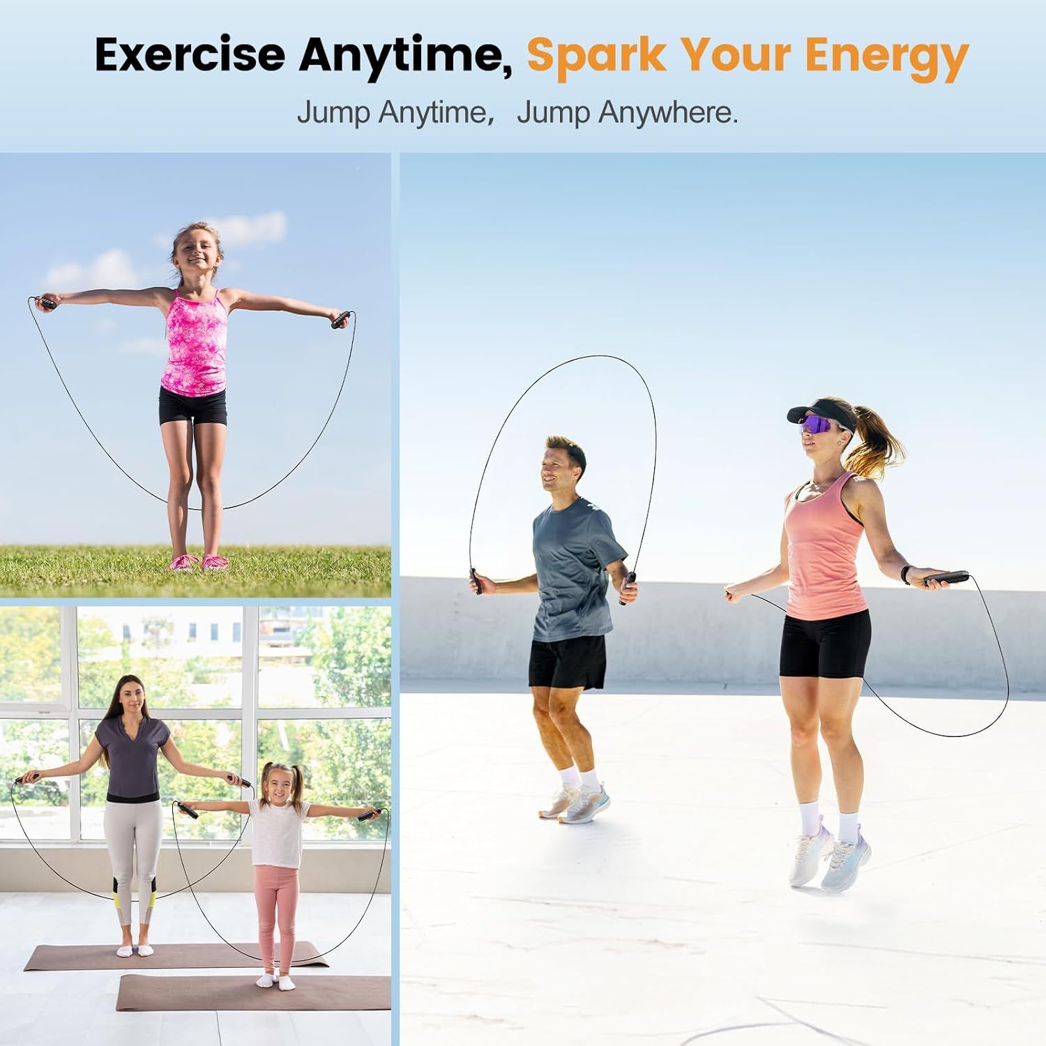 Demonstrates the versatility of the jump rope by showing it can be used by different people (adults, children) in multiple environments (outdoors, indoors, beach, home) to reassure shoppers it's…