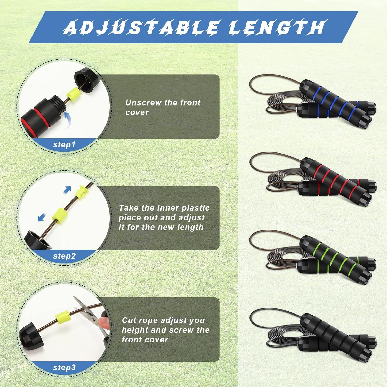 Demonstrates the step-by-step process for adjusting the jump rope length to fit the user's height, making the product more versatile and user-friendly. Showcases the available color variants of the…