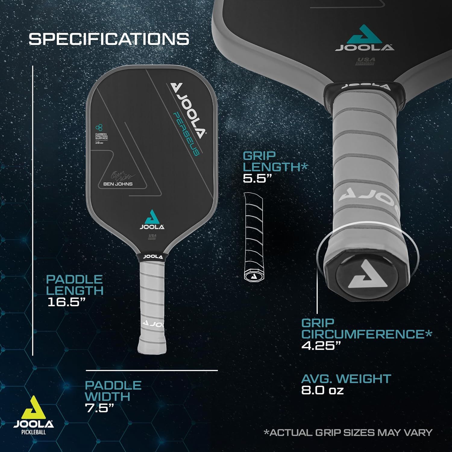 Provides detailed physical specifications and measurements of the pickleball paddle to help shoppers understand the exact dimensions and weight of the product.