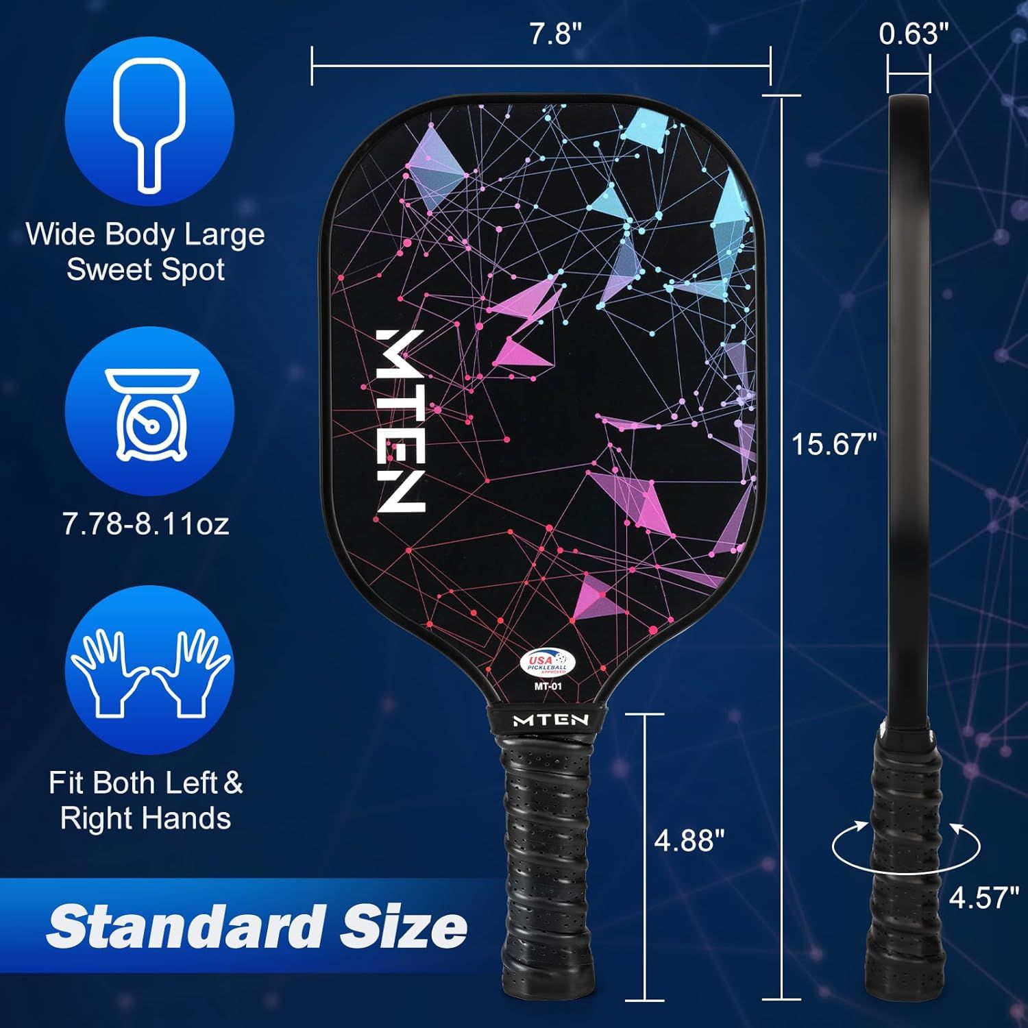Provides exact measurements of the pickleball paddle's width, length, thickness, handle dimensions, and weight range to help shoppers understand the physical size and fit of the product. Highlights…