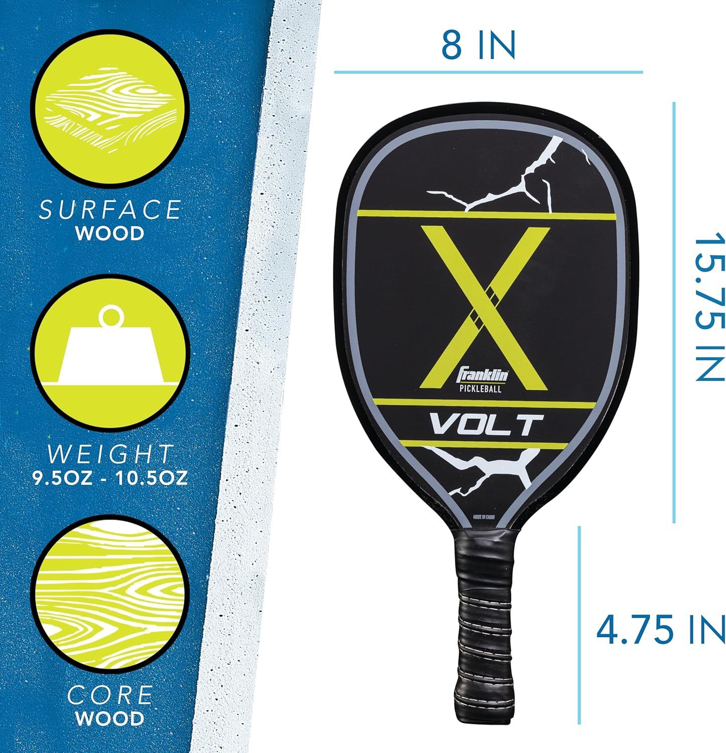 Communicates the exact physical dimensions of the pickleball paddle (8 inches wide, 15.75 inches long, 4.75 inch handle) to help shoppers understand the product's size and fit for their needs.…