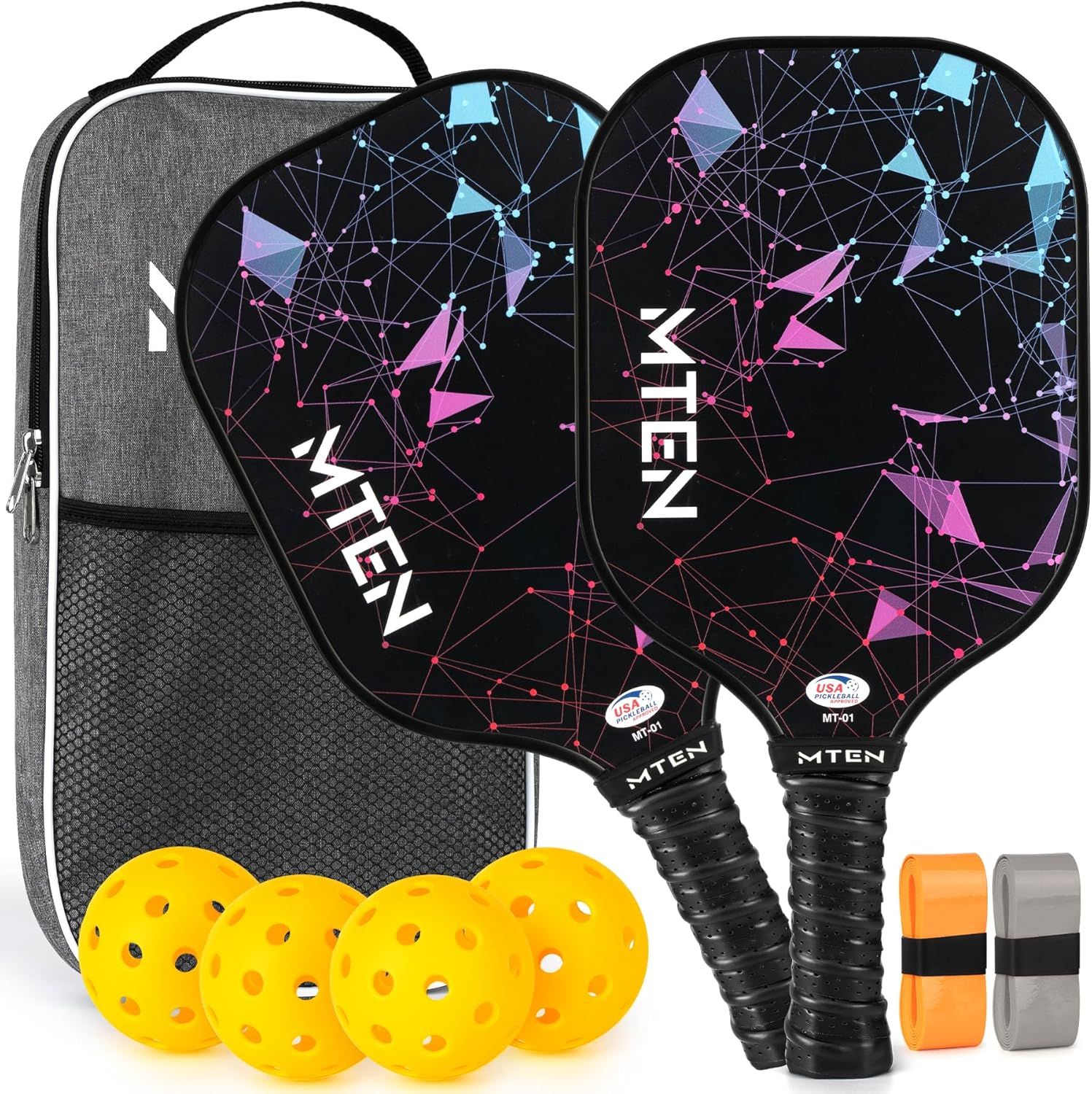 Shows all items included in the purchase: two paddles, four balls, carrying case, and grip accessories, helping shoppers understand the complete value of the bundle.