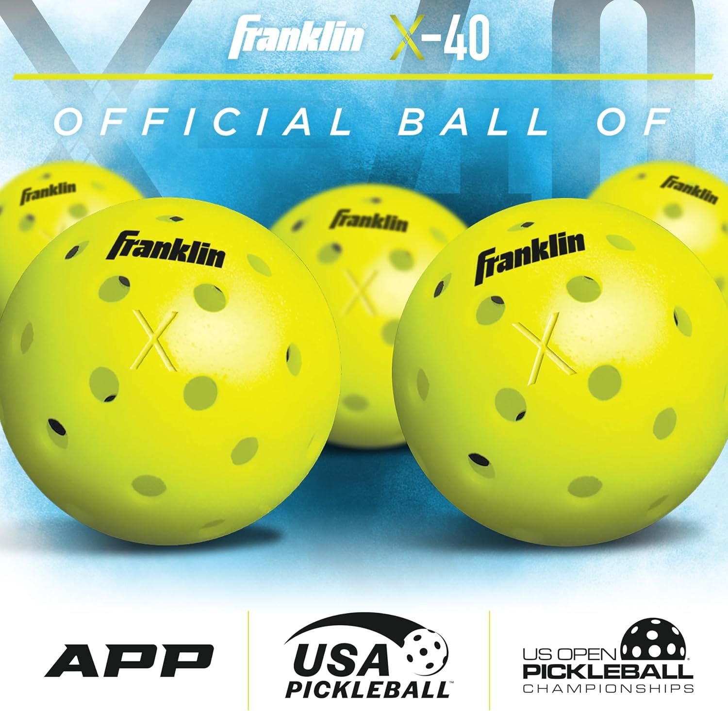 Communicates that the Franklin X-40 is the official ball of major pickleball organizations (APP, USA Pickleball, US Open Pickleball Championships), establishing brand credibility and authority in…