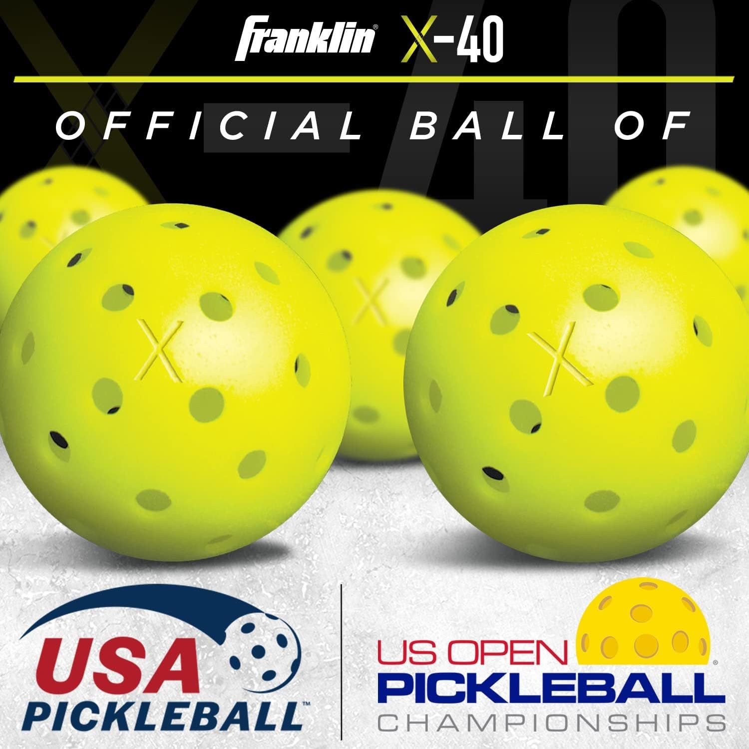 Communicates that the Franklin X-40 is the official ball of USA Pickleball and the US Open Pickleball Championships, establishing brand authority and credibility through organizational endorsements.