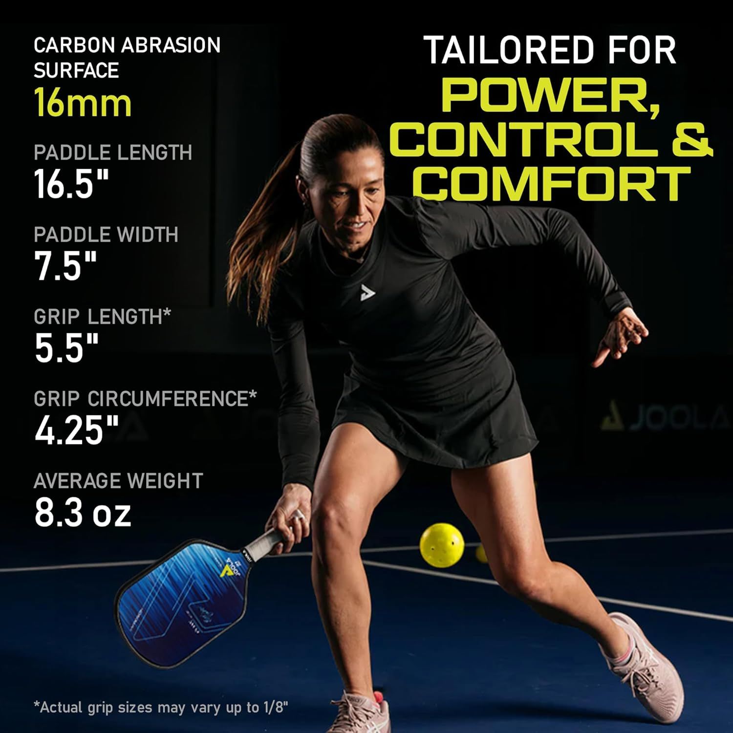 Communicates multiple technical specifications and benefits of the pickleball paddle in a segmented layout, emphasizing power, control, and comfort to help shoppers understand the product's…