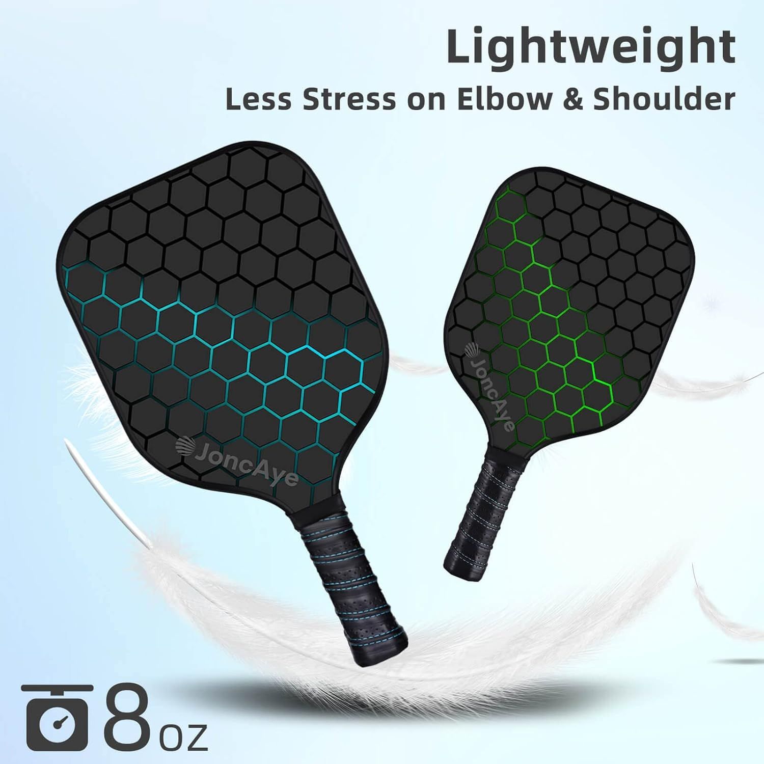 Communicates the product's lightweight design (8oz) to reassure shoppers that it reduces stress on elbow and shoulder during use. Highlights the lightweight benefit to show how it reduces physical…