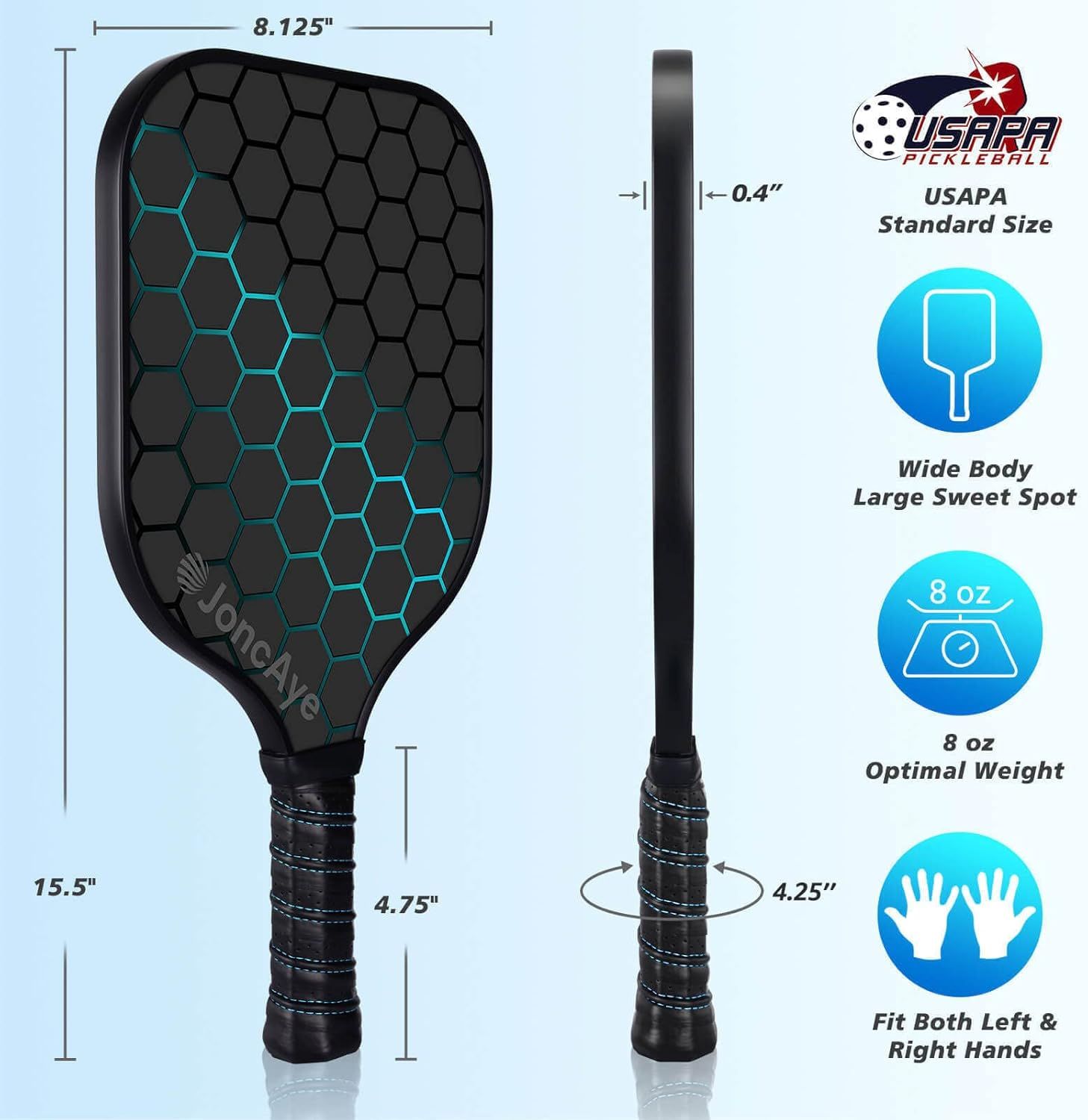 Communicates the exact physical dimensions and weight of the pickleball paddle to help shoppers understand the product's size and optimal weight for play. Highlights multiple distinct selling…