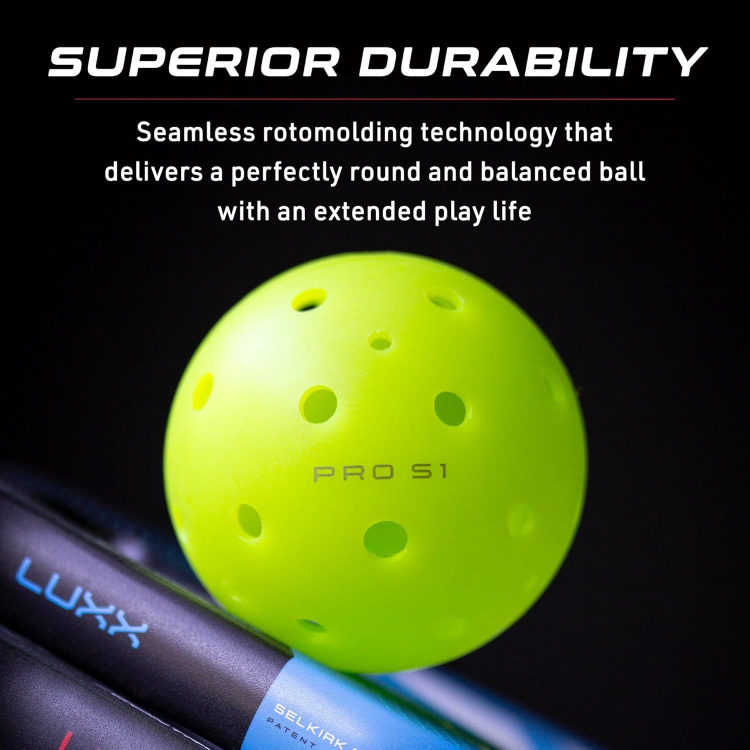 Communicates the product's durability and extended play life through advanced manufacturing technology, reassuring shoppers that this pickleball will last longer than standard options.