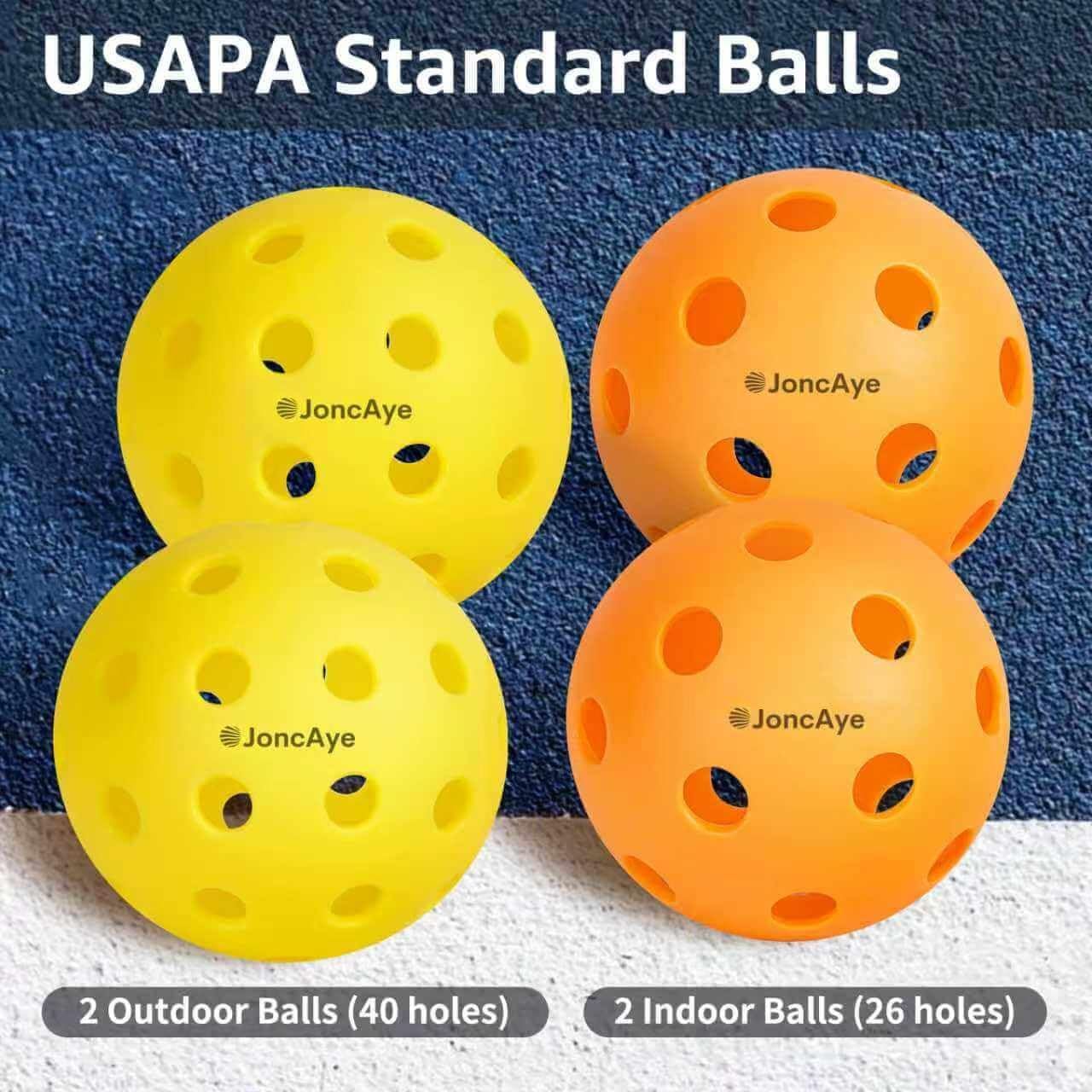 Shows the customer exactly what they receive in the package: 2 outdoor balls with 40 holes and 2 indoor balls with 26 holes, meeting USAPA standards.
