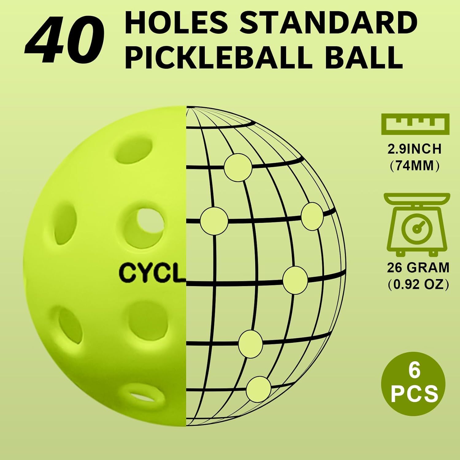Communicates key product specifications including the number of holes, size, weight, and quantity to help shoppers understand the product's standard pickleball ball characteristics and what they…