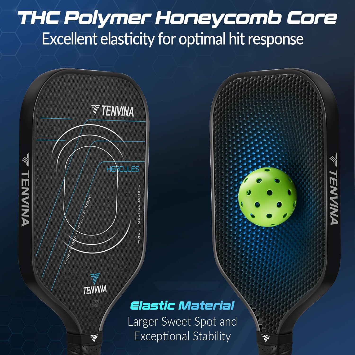 Highlights the internal construction and material technology of the pickleball paddle, showing the honeycomb core structure and elastic material to communicate superior performance, larger sweet…