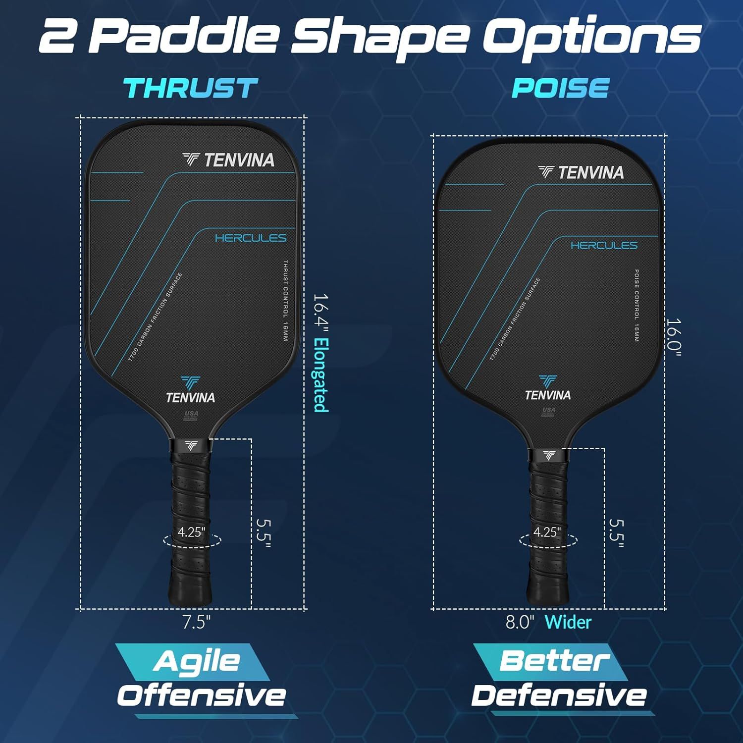 Helps shoppers choose between two paddle shape options from the same brand (Thrust vs. Poise) by showing dimensions and intended play style for each variant.