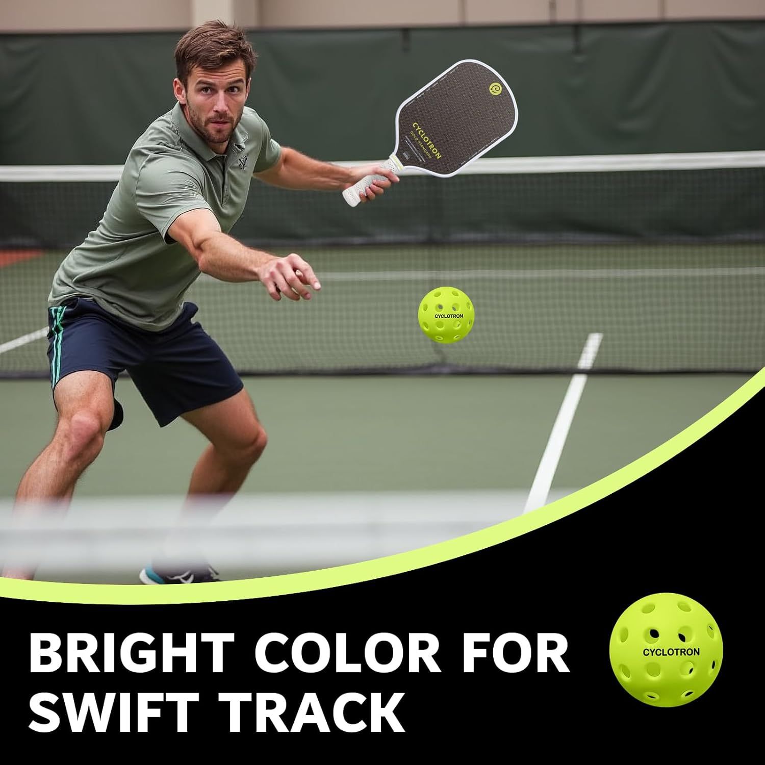 Highlights the bright neon color of the pickleball to emphasize easy tracking and visibility during fast-paced play.