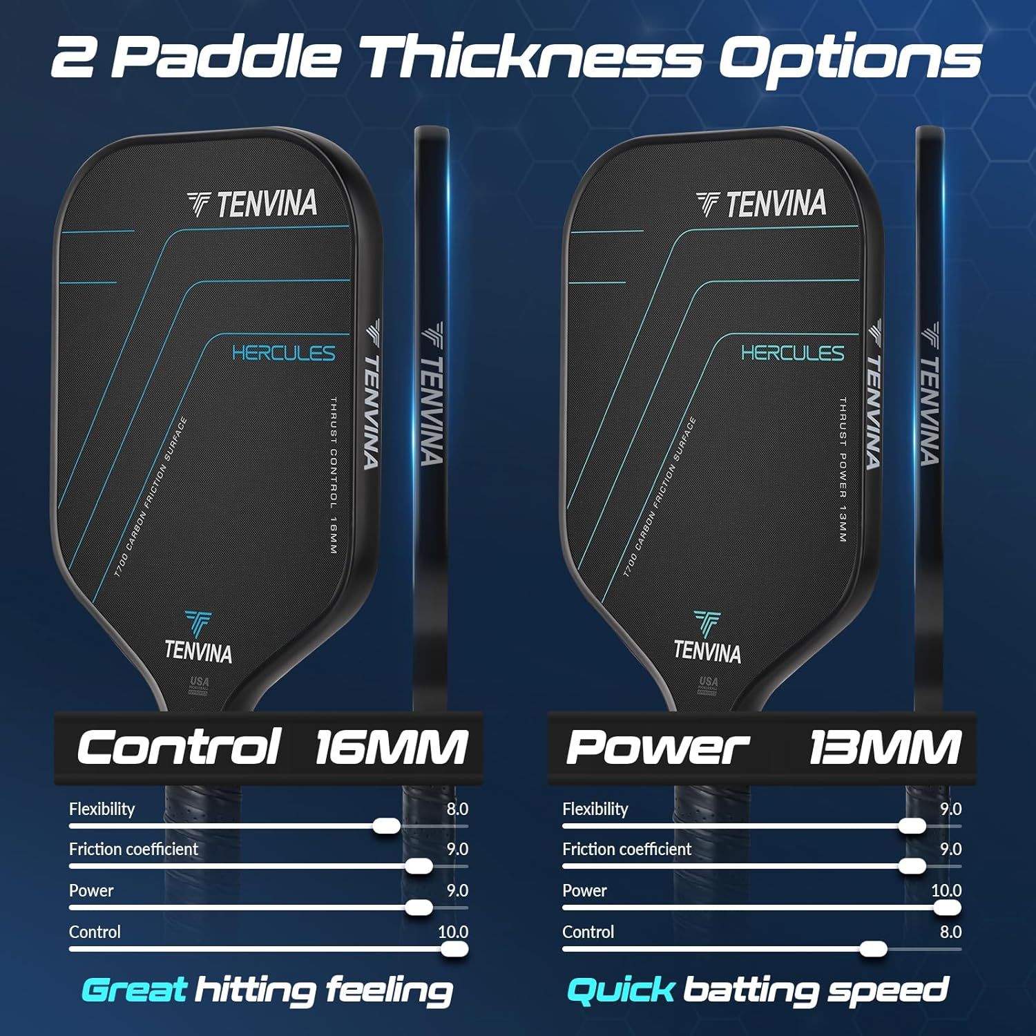 Helps shoppers choose between two paddle thickness options (Control 16MM vs Power 13MM) by showing side-by-side comparison of the same brand's product variants with performance metrics.
