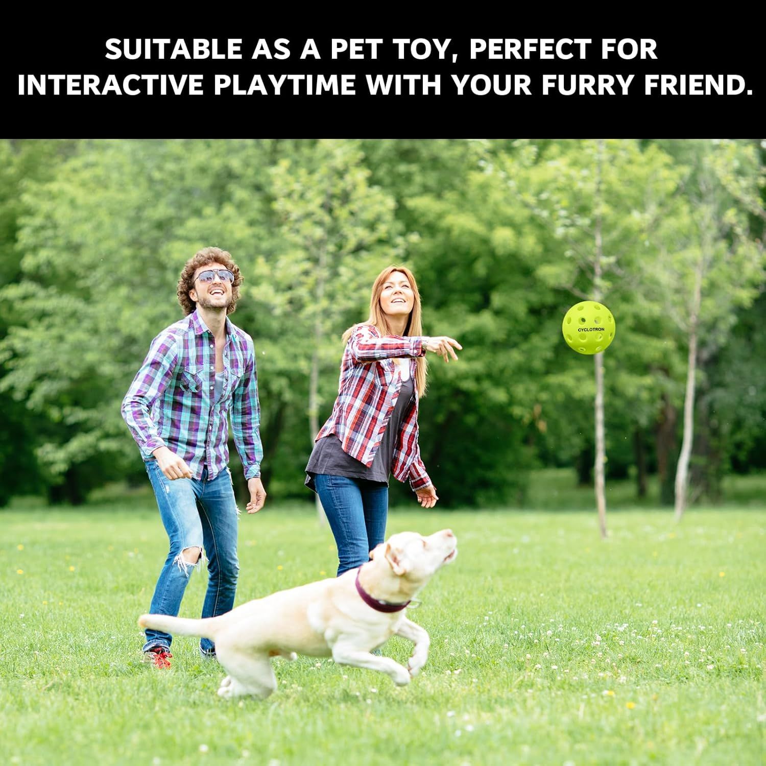 Demonstrates that the product is suitable for interactive playtime with pets, showing the benefit of engaging outdoor fun with your dog.