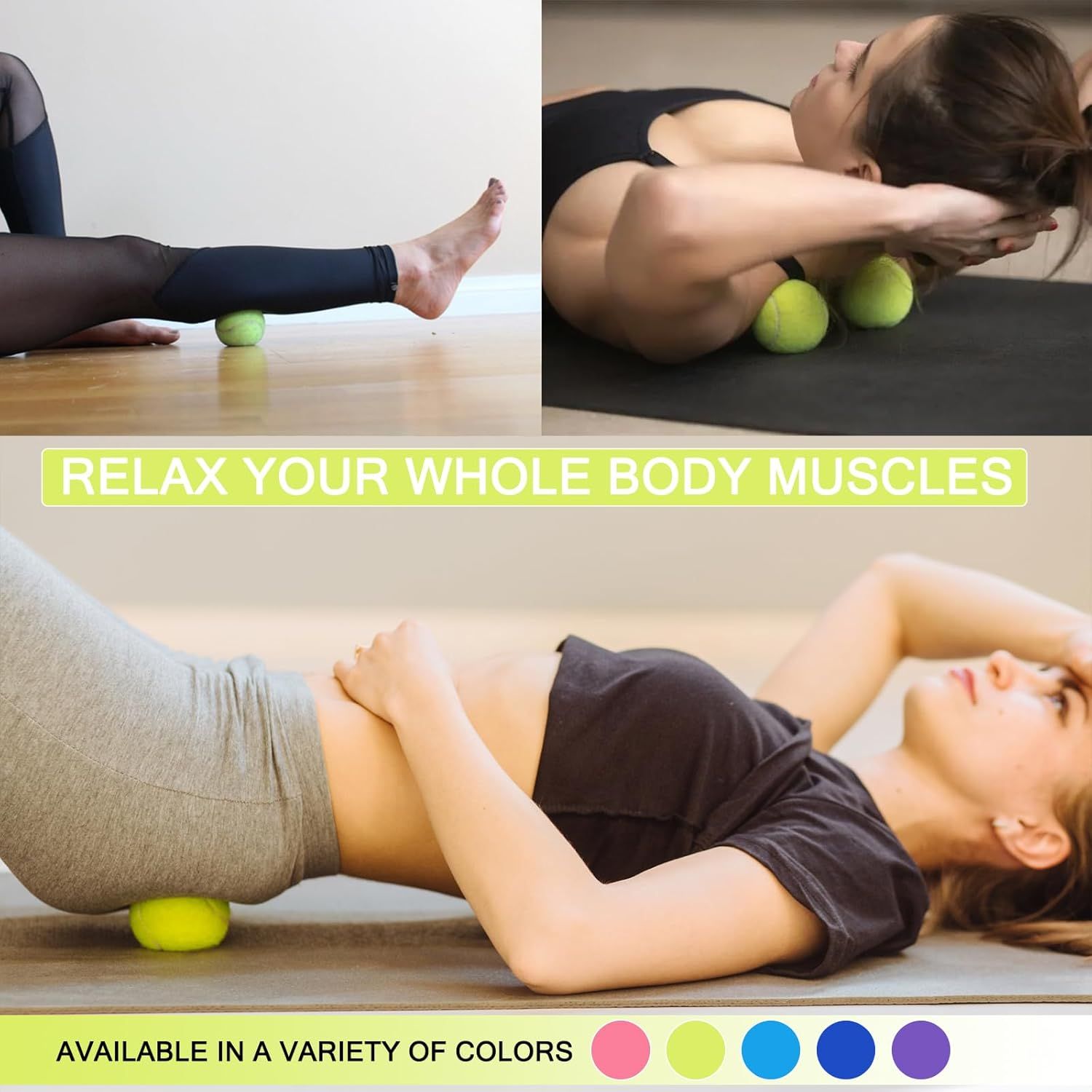 Demonstrates how to use the massage balls in different body positions (leg, upper back, lower back) to relax muscles throughout the whole body. Shows the product can be used on multiple body areas…