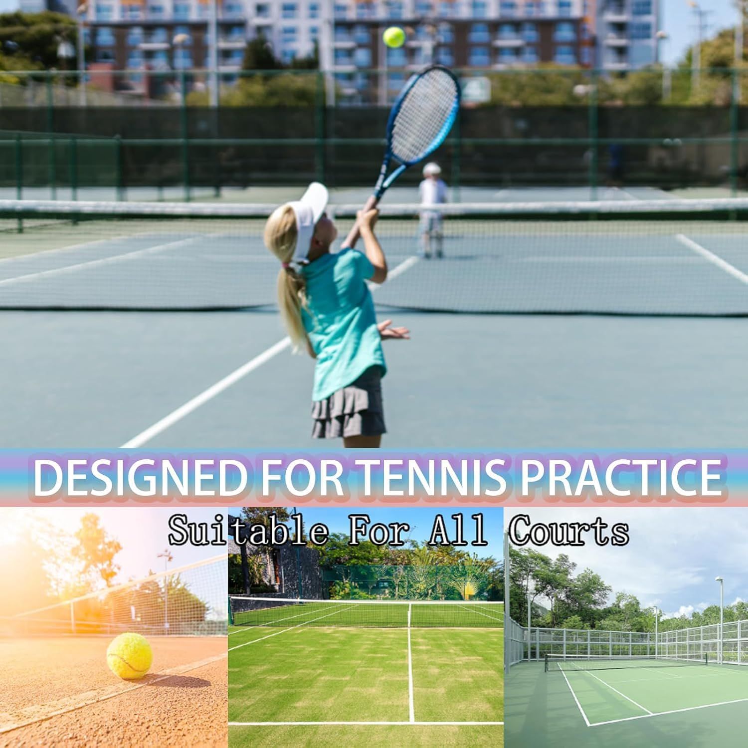 Demonstrates that the product is versatile and suitable for use across multiple court types (clay, grass, hard court), reassuring shoppers it works in any tennis environment.
