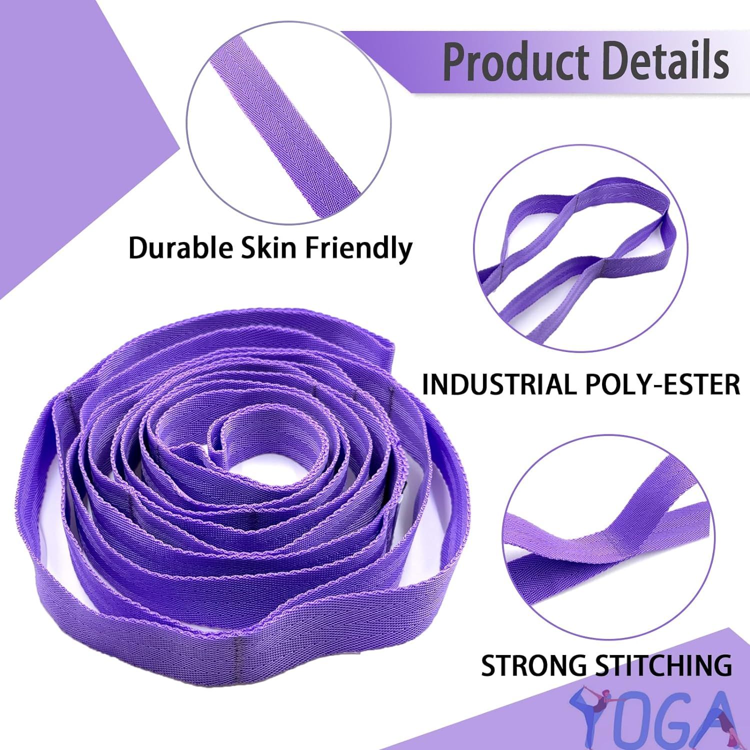 Communicates multiple quality and durability features of the yoga strap through a segmented layout with three distinct callout zones, each highlighting a different material benefit to reassure…