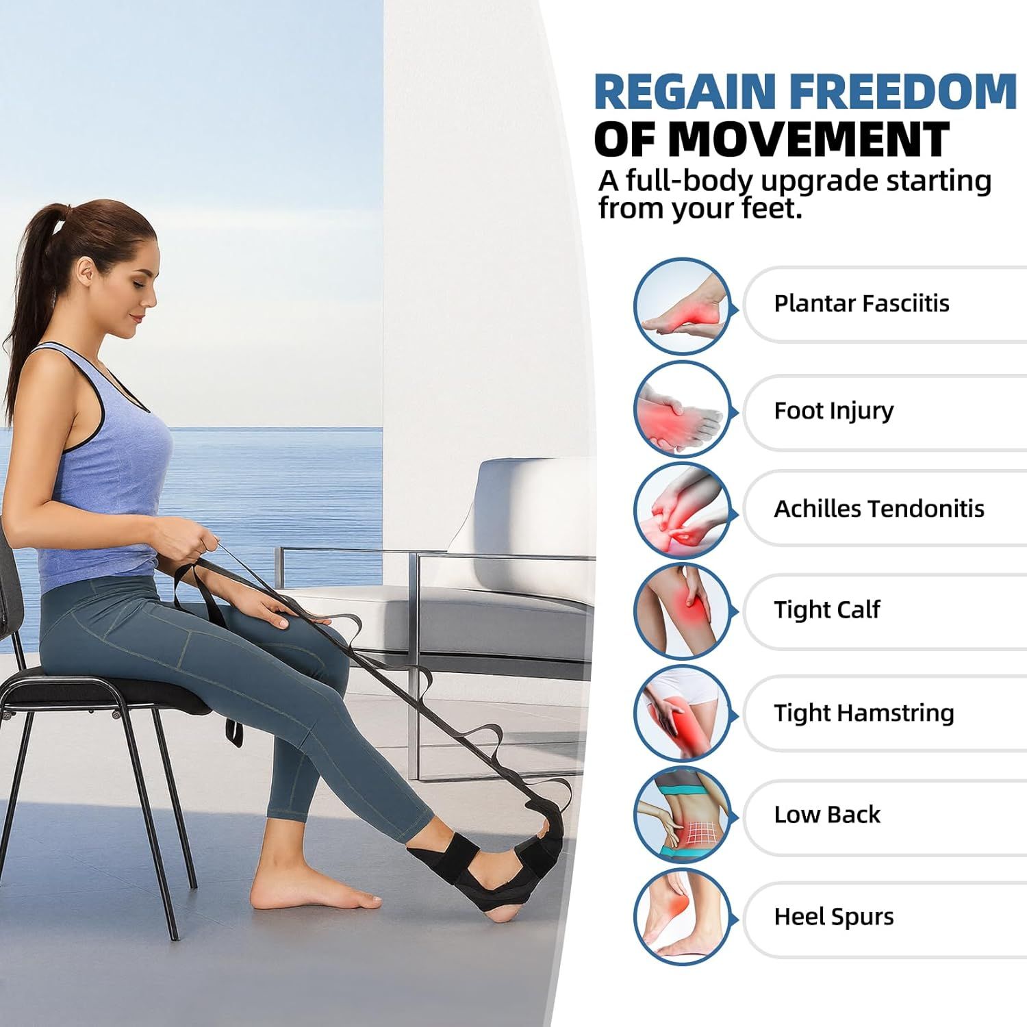 Demonstrates the multiple body areas and conditions this foot stretching device can help treat, from foot pain to full-body alignment issues, reassuring…