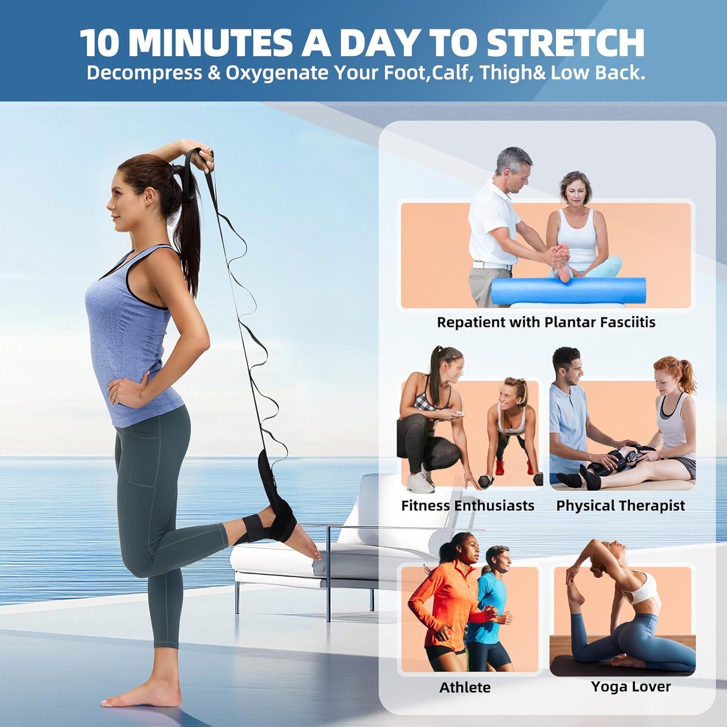 Demonstrates the versatility of the stretching device by showing it is suitable for multiple user types and scenarios, including medical recovery, fitness,…