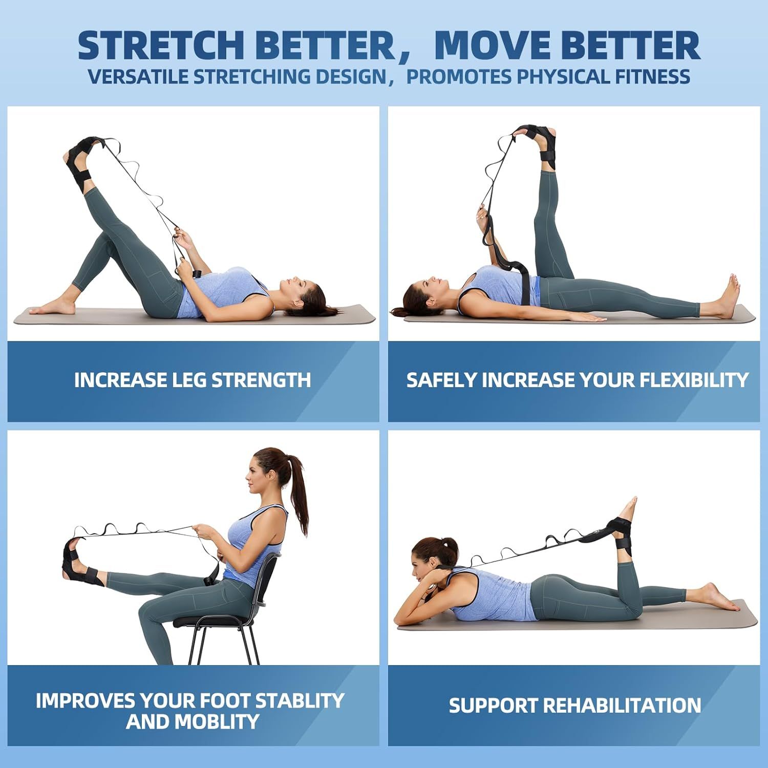 Demonstrates multiple use cases and applications of the stretching strap, showing how it can be used for different fitness goals including strength training,…
