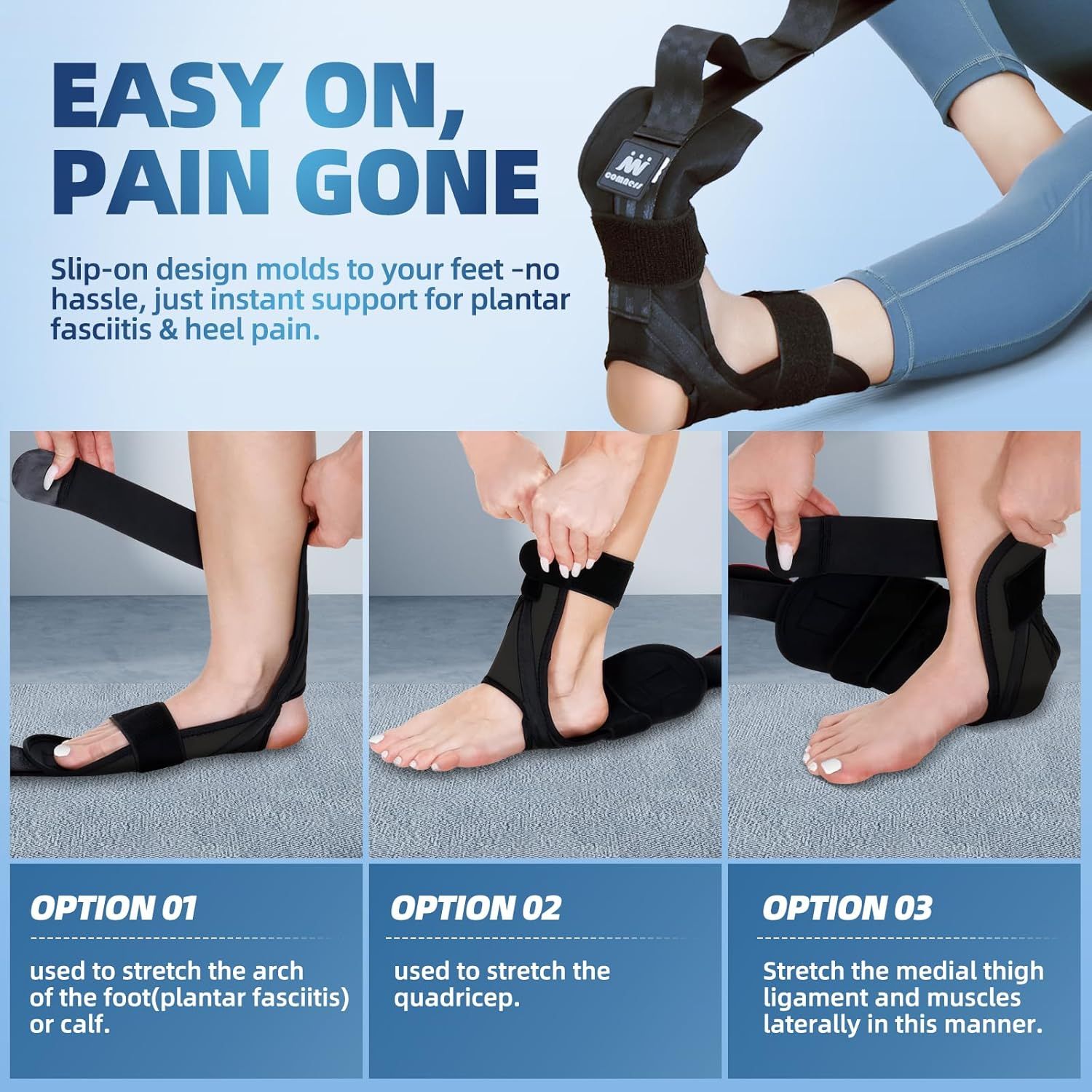 Demonstrates three different ways to wear and use the plantar fasciitis support brace, showing shoppers how to apply it for different stretching and pain…