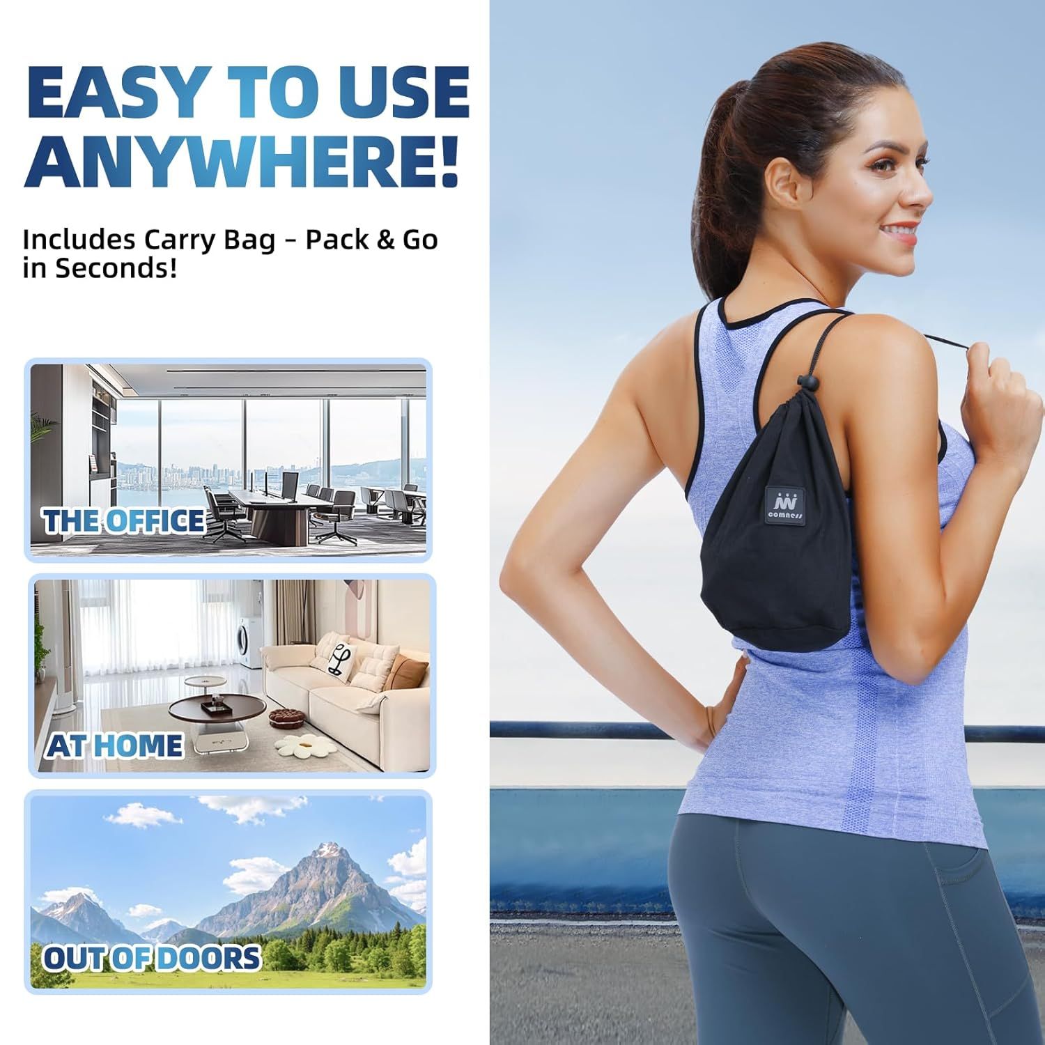 Demonstrates the product's versatility by showing it can be used in multiple environments (office, home, outdoors), emphasizing its portability and…