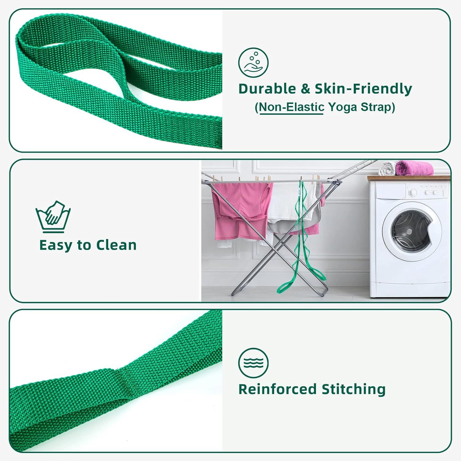 Communicates multiple product benefits in a segmented layout to reassure shoppers about the yoga strap's quality, durability, ease of maintenance, and construction strength.
