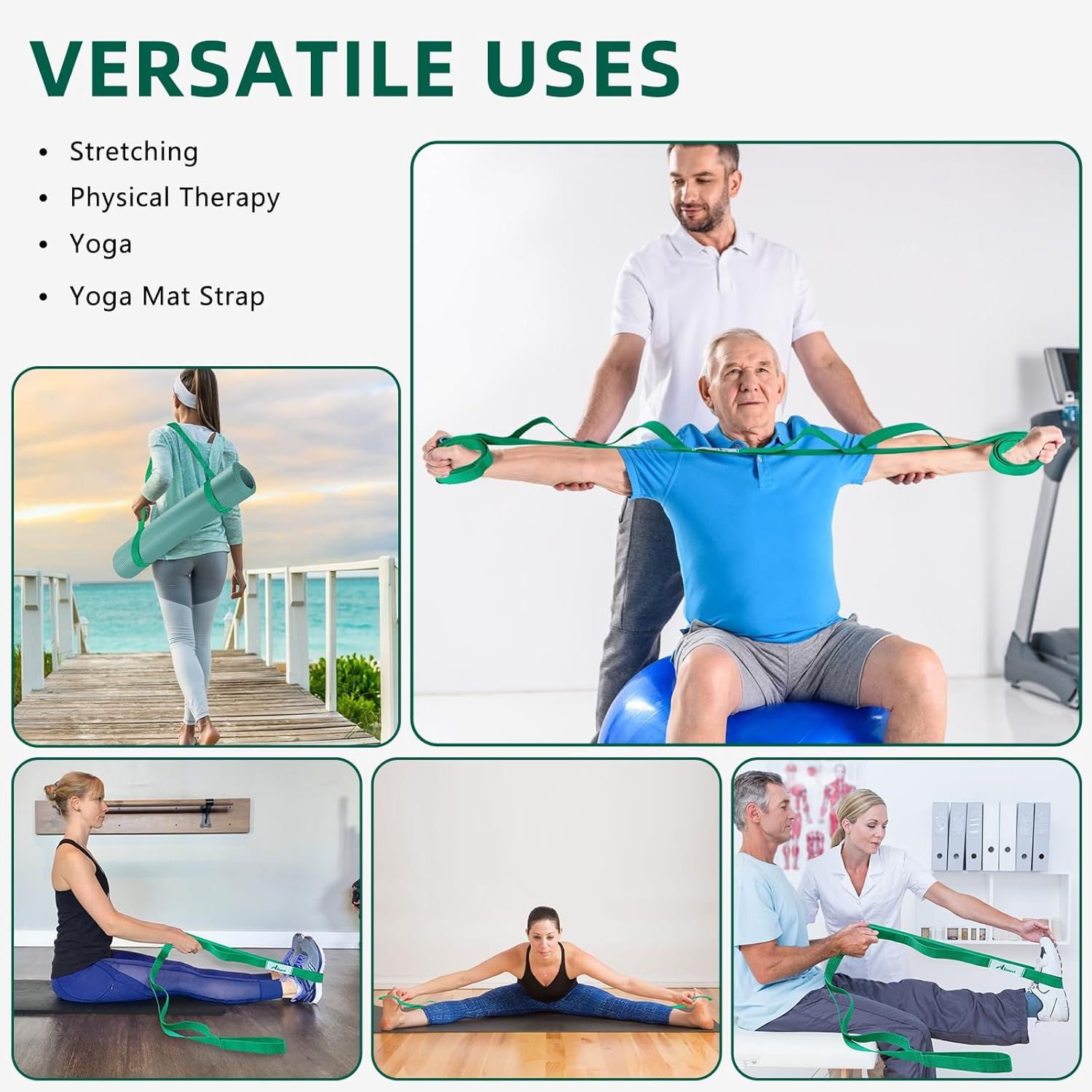 Demonstrates the product's versatility by showing multiple real-world applications including stretching, physical therapy, yoga, and yoga mat strap uses to…