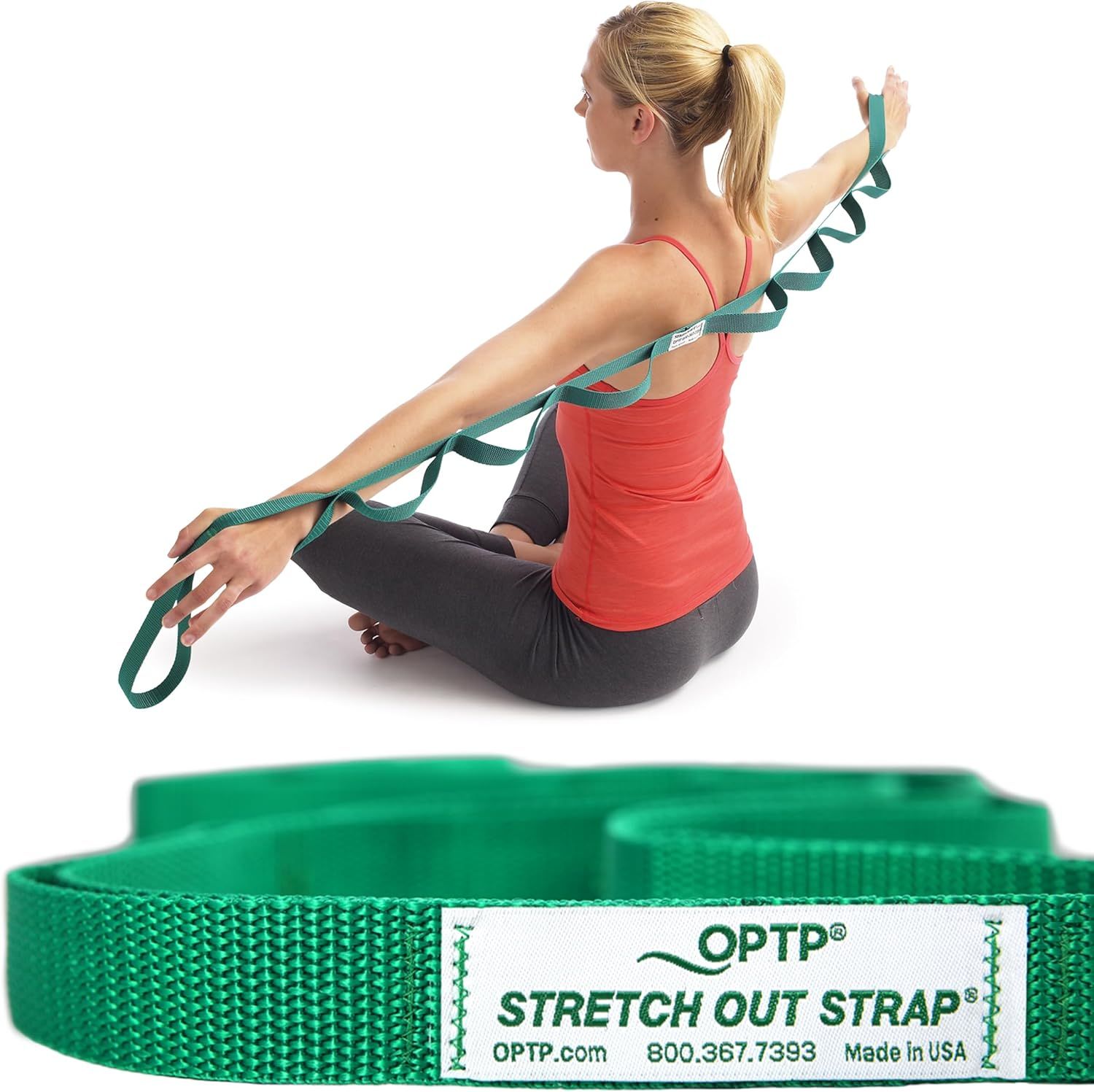 Demonstrates how to use the stretch strap for yoga or physical therapy stretching exercises, showing the proper technique to reassure shoppers about ease of…