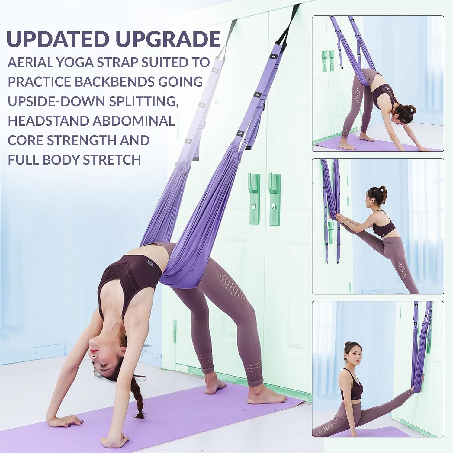 Demonstrates multiple use cases and exercises possible with the aerial yoga strap, showing versatility across different yoga poses and fitness applications.…