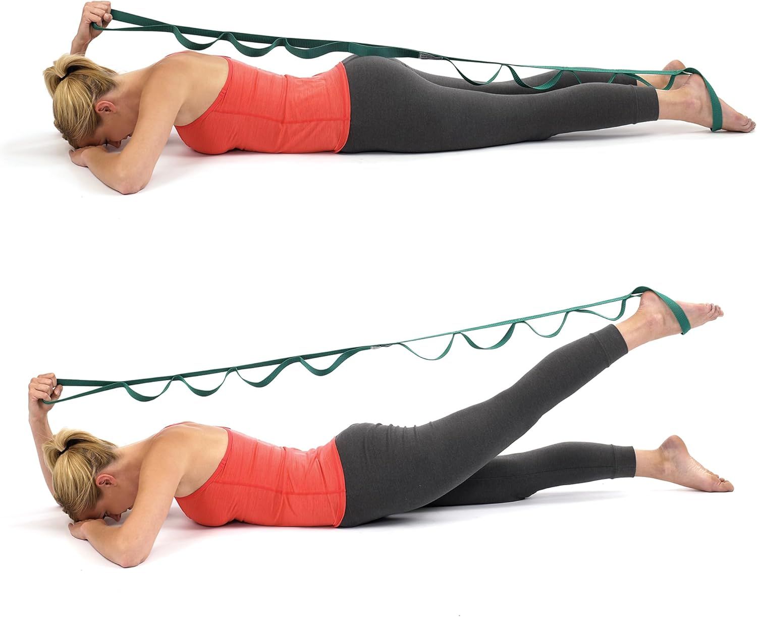Demonstrates proper usage technique for the resistance band product by showing a two-step exercise progression, helping shoppers understand how to perform leg…