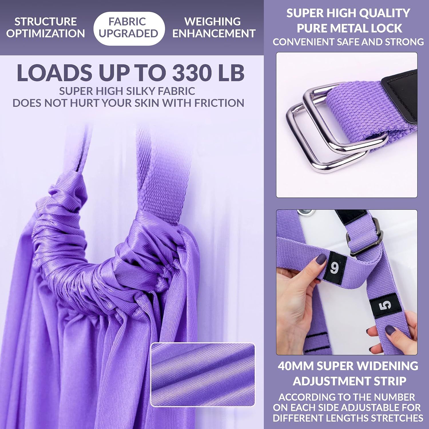 Communicates multiple key product benefits including high weight capacity, premium fabric quality, secure metal lock construction, and adjustable strap system…