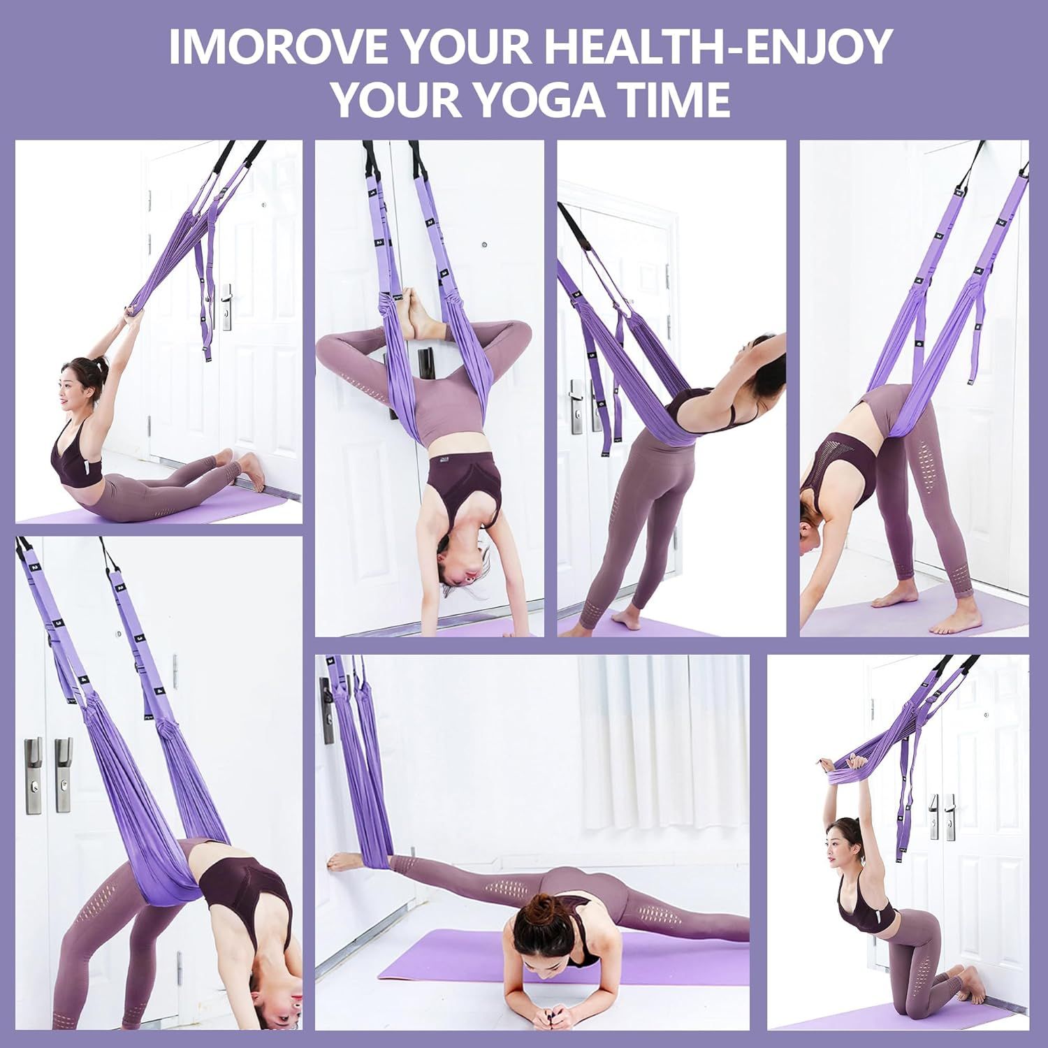 Demonstrates the versatility of the aerial yoga hammock by showing multiple different ways to use the product for various yoga poses and stretching exercises.