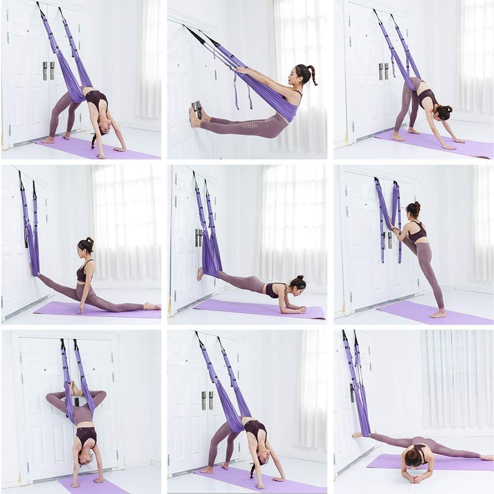 Demonstrates the multiple ways the aerial yoga hammock can be used for different exercises and poses, showing shoppers the product's versatility and range of…