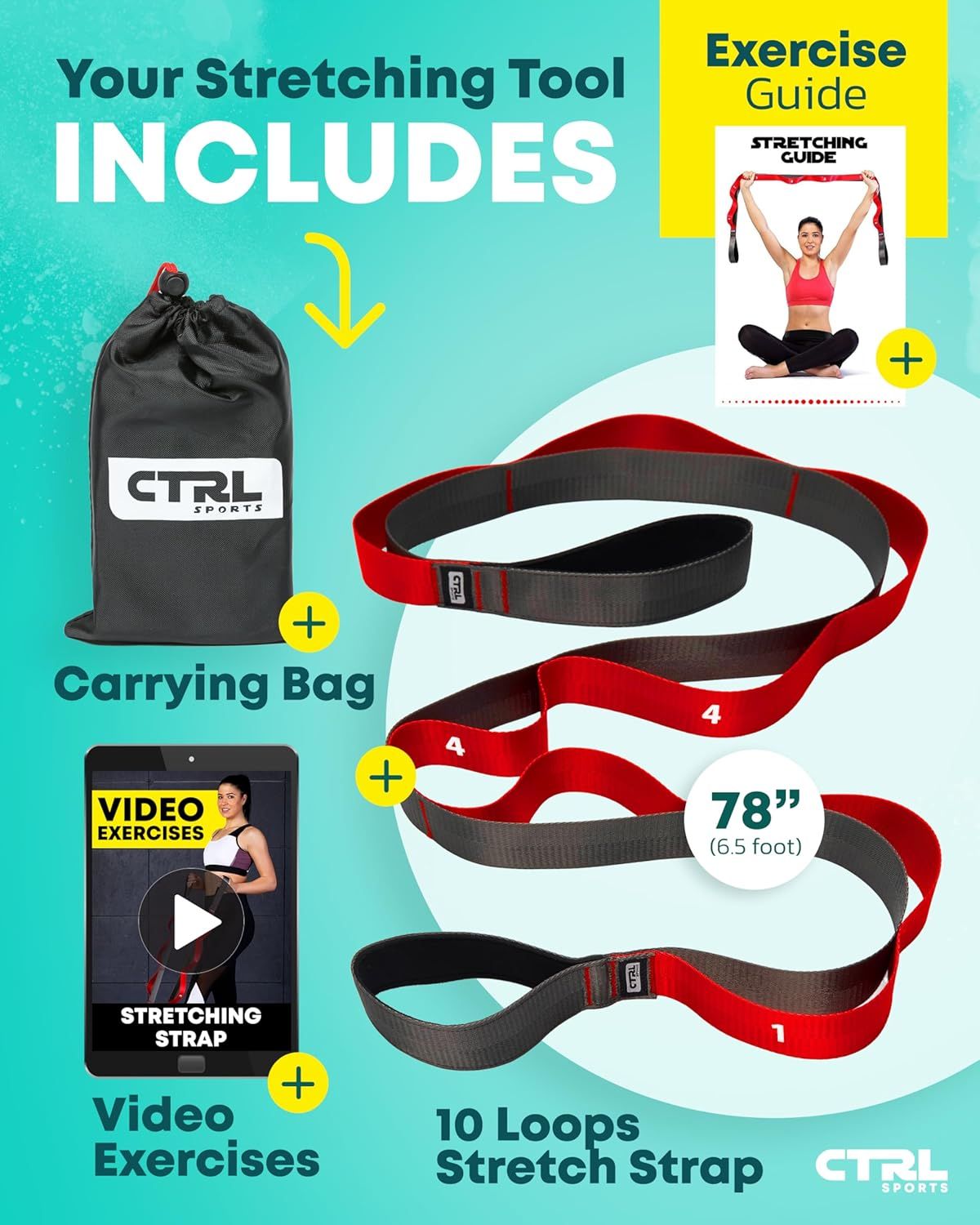 Shows everything included with the purchase—the stretching strap, carrying bag, printed exercise guide, and video exercises—to communicate the complete value of the bundle and help shoppers…
