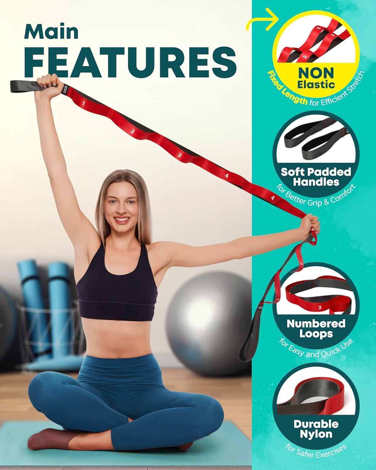 Showcases four distinct product features in a segmented vertical layout to communicate the stretch strap's key benefits: fixed length for efficient…