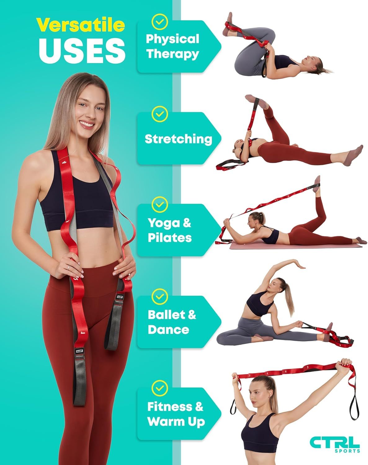 Demonstrates the versatility of the stretching strap by showing five distinct use cases across different fitness and therapy activities, reassuring shoppers…