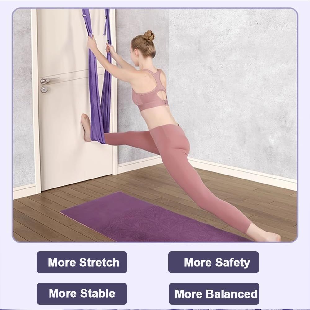 Communicates multiple distinct benefits of the aerial yoga swing product through a segmented layout with four separate benefit callouts, showing how the…
