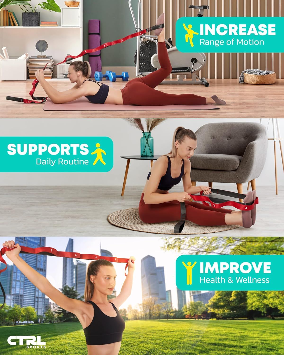 Demonstrates the versatility of the resistance band by showing it can be used in multiple environments and exercise scenarios, from home workouts to outdoor…