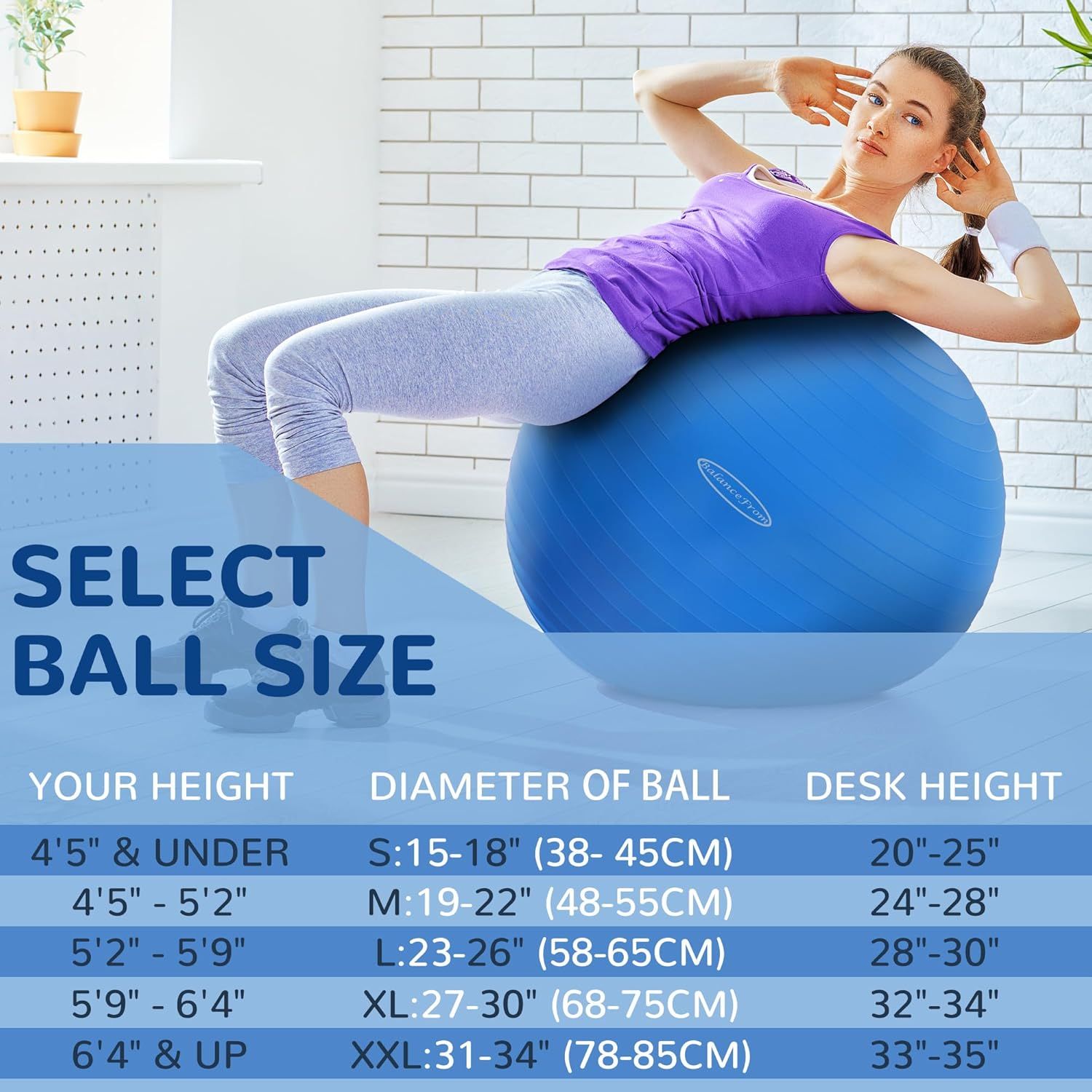 Helps shoppers choose the correct exercise ball size based on their height and desk height, showcasing the brand's product lineup and sizing options.