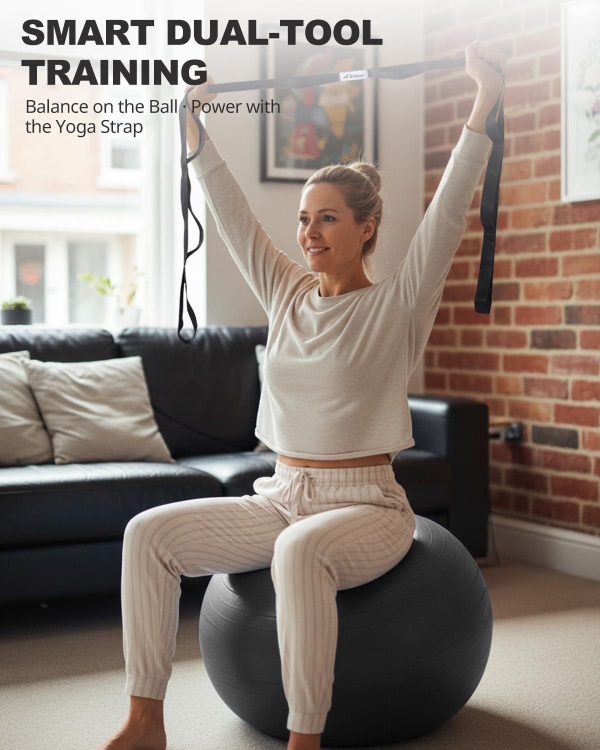 Demonstrates multiple use cases by showing how the product can be used with both a balance ball and yoga strap for versatile training options. Highlights the versatility of the product by showing it…